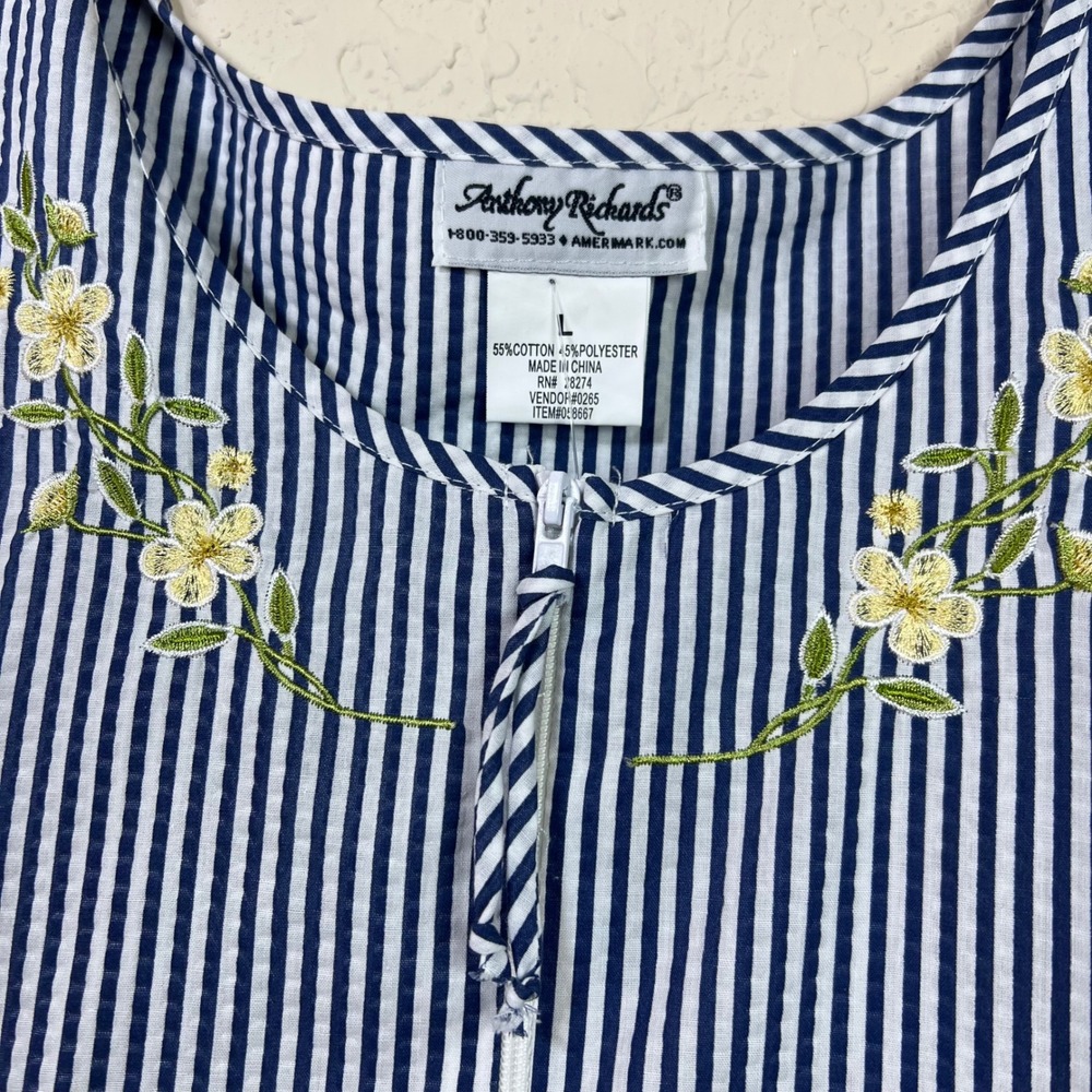 Vintage Anthony Richards Muumuu House Dress Women Seersucker Zip L Embroidered